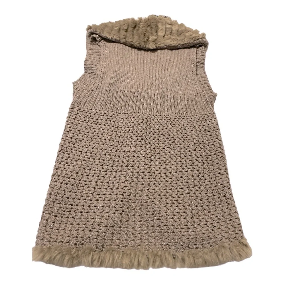 Chico’s Size 1 Faux Fur Trim Sweater Vest Taupe Open Front Knit Cardigan